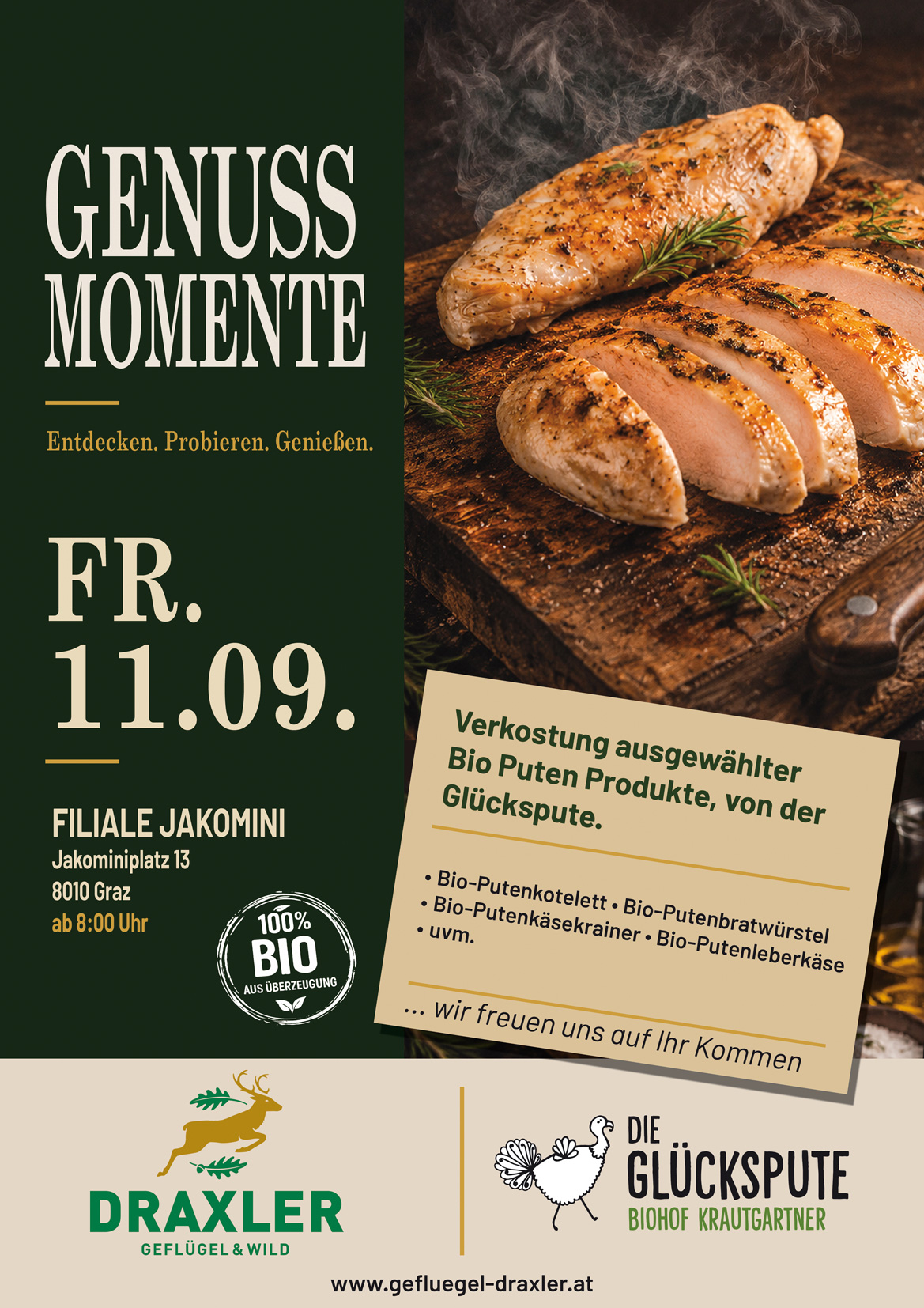 Plakat_glueckspute_draxler_web Verkostung Glückspute - Bio Produkte aus der Steiermark - am 11.9.2026 in unserer Filiale am Jakominiplatz 13 in Graz
